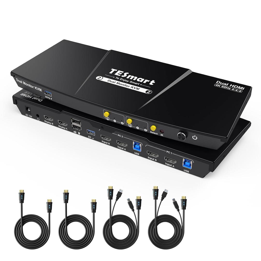 TESmart USB 3.0 HDMI KVM Switch 2 Monitors 2 Computers 4K@60Hz, Dual Monitor KVM Switch HDMI 2 Port Extended Display, Audio&Microphone, EDID Emulators, Hotkey Switch, Button Switch with Input Cables TESmart USB 3.0 HDMI KVM Switch 2 Monitors 2 Computers 4K@60Hz, Dual Monitor KVM Switch HDMI 2 Port Extended Display, Audio&Microphone, EDID Emulators, Hotkey Switch, Button Switch with Input Cables