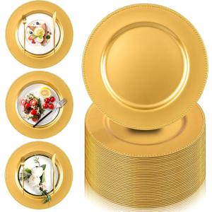 PROY 50 Pack Gold Charger Plates, 13 Inch Plastic Round Gold Chargers for Dinner Plates with Beaded Rim, Reusable Plastic Table Chargers for Wedding, Party