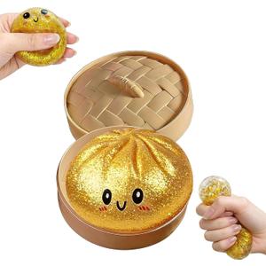 Dumpling Squishy, New Mystery Glitter Dumpling Squishies with Steamer, Sensory Squeeze Toy for Stress Relief, Soft Decompression Dough for Adults Office and Home Use(Golden)