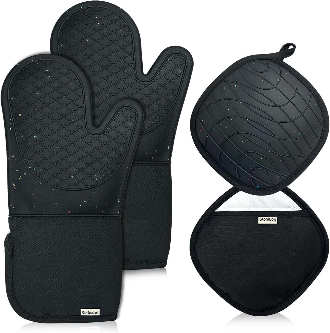 Oven Glove Cute,Cooking Mittens,Oven Mittens for Kitchen,Oven Gloves for Kitchen,Washable Silicone Oven Mitts Heat Resistant 500F, Potholders for Kitchens Cooking Baking, Black