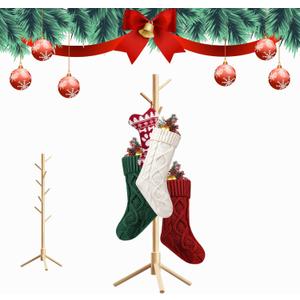 Christmas Stocking Holder Stand, Wooden Stocking Holder Stand with 8 Hooks, Freestanding Stocking Hanger Rack for Floor, Natural