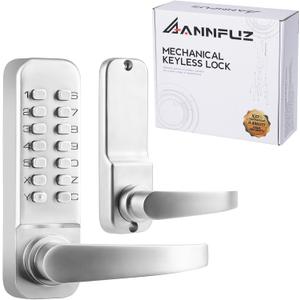 Single-Sided Mechanical Keyless Keypad Door Handle Lock,Combination Push Button Code Front Entry Door Lock Lever Set,Auto-Locking,Interior Hold-Opening,for Garage,No Electronic(Pearl Chrome)