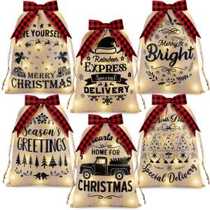 6 Pcs Christmas Lighted Burlap Sacks with Drawstring 15.7 x 11.8 Inches Merry Christmas Lighted Gift Decorative Burlap Bags Xmas Treat Bags with Ribbon for Holiday Party Decorations