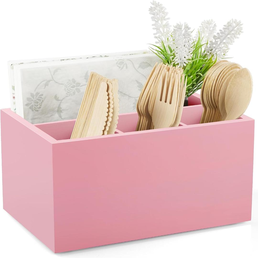 DRASTAR Utensil Caddy, Wooden Picnic Cutlery Organizer, Countertop Plastic Silverware Holder, Pink (Small, Pink)