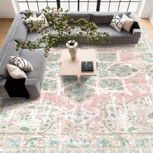 Vhong Boho Area Rugs Vintage Washable Neutral Modern Dusty Pink and Green 9x12 Non Slip Large Carpet for Nursery Living Room Dining Room Bedroom Farmhouse Girls Room