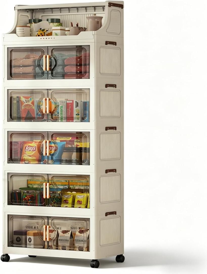 260QT Stackable Storage Bins with Lids & Rack, 6 Tier Large Capacity Foldable Storage Cabinet, Clear Collapsible Pantry Organizer for Home, Kitchen, Bathroom, Dorm, Office, Clear