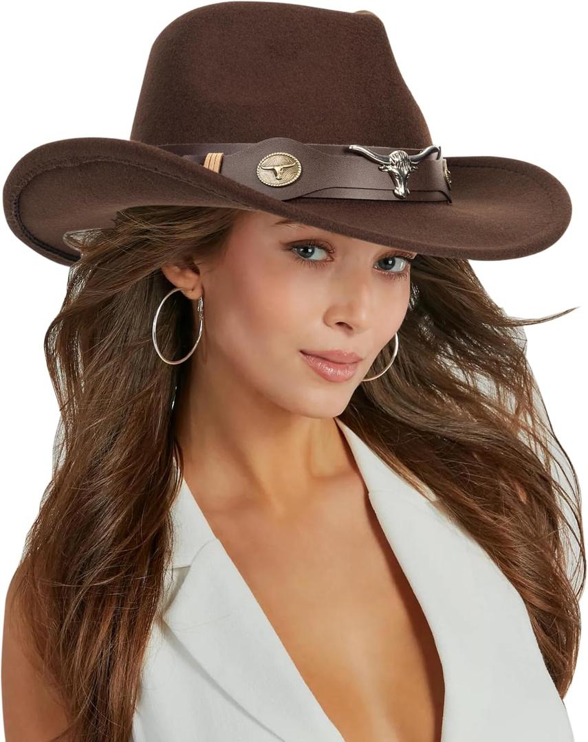 Classic-Western-Cowboy-Hat Wide-Brim Felt-Cowgirl-Fedora-Jazz-Hat for Women Men(Size:S-M) (Coffee With Bull)