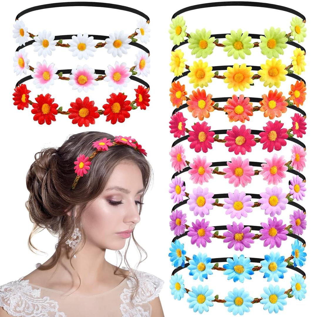 24 Pcs Flower Headbands for Women Elastic Hippie Floral Crowns Baby Shower Favors Fairy Crown Decorations Boho Birthday Headpiece for Baby Bridal Shower 70s Hawaiian Party Wedding Photography(Vivid)