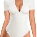 MANGOPOP Short Sleeve Body Suits Women Crew Neck Zip Up Bodysuit for Women Ribbed Deep V Sexy Bodysuit Shirts White Large