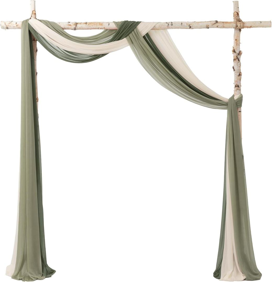 Ling's Moment Wedding Arch Draping Fabric 3 Panels 20Ft Sage Green Chiffon Fabric,Sheer Hanging Drapes Arrangement for Wedding Ceremony Backdrop Outdoors Party Swag Home Decor (White & Sage)