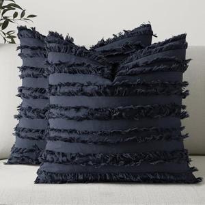 MIULEE Set of 2 Decorative Boho Throw Pillow Covers Linen Striped Jacquard Pattern Cushion Covers for Sofa Couch Living Room Bedroom 20x20 Inch Navy Blue