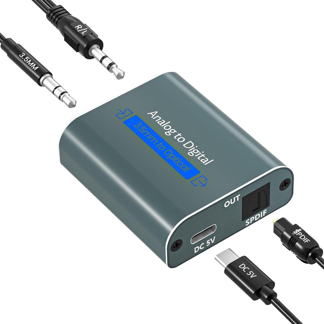 Analog to Digital Audio Converter Dual Analog 3.5mm Jack AUX to Optical SPDIF Audio Adapter with Optical Cable 3.5 Audio Cable and 3.5 to RCA Cable for CD Player to Soundbar