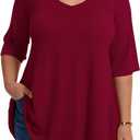 LARACE Elbow Sleeve Plus Size Tops for Women, Women's Half Sleeves Tunic Shirts Spring Summer Fall Clothes Blouse V Neck (Red, XXL)