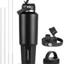 HYDROWION 40 oz Insulated Water Bottle, Car Water Bottle Holder - Double Wall Vacuum Insulated Travel Bottle with Straw Lid, Spout Lid and Flex Cap - Cold for 24H, Hot for 12H, Black