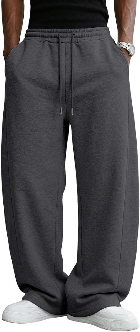 Men's Baggy Sweatpants Cotton Fleece Wide Leg Lounge Sweat Pants Drawstring Waist Jogging Pants with Pockets (Gray, L)