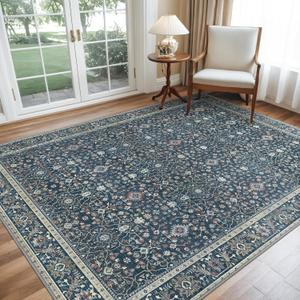 GENIMO Washable Area Rugs for Living Room Bedroom, 8x10 Boho Vintage Non Slip Rug, Low Pile Soft Floral Indoor Floor Carpet Cover for Dining Room Kitchen, Retro Dark Blue