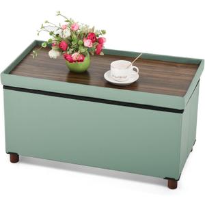 Ottoman Storage Bench for Living Room with Tray, Bedroom Foot Stool, Coffee Table Lid, Footstool with Legs, End of Bed - Faux Leather, 30" Inch (L-Blue)