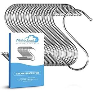 WHITECLOUDZ 30-Pack Silver S Hooks for Hanging Plants, Stainless Steel S hooks for hanging heavy-duty, Closet Hooks for Hangings Clothes, Durable kitchen hooks for hangin Utensils, Pots, Clothes & Bag