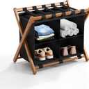 Bamboo Luggage Rack with 4 Storage Compartments, Foldable Suitcase Stand for Guest Room, 150lbs Capacity, Sturdy, Space-Saving and Easy to Assemble Organizer