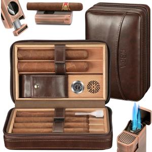TISFA Cigar Humidor, Leather Cigar Case with Cigar Lighter, Cigar Cutter V Cut, Cigar Stand 3 in 1, Portable Travel Humidor with Humidifier, Cigar Gift Cedar Wood Cigar Box (Dark Brown)