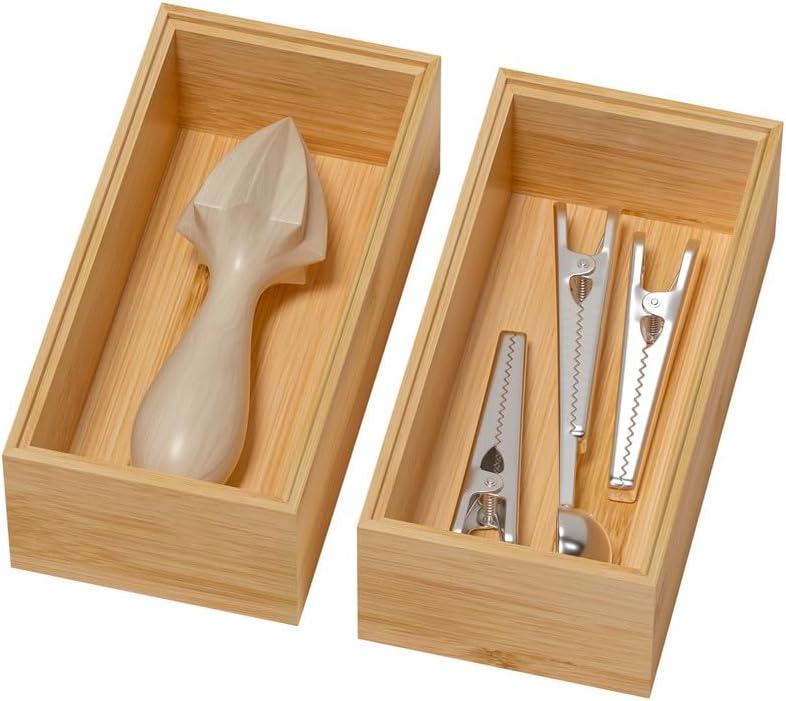 Bamboo Drawer Organizer, Small Silverware Organizer for Kitchen Drawer, Stackable Utensil Tray, 2 Pcs Flatware Organizer, Bamboo 6" x 3" x 2" (Outer), 5.3" x 2.3" x 1.77" (Inner) (Yellow)