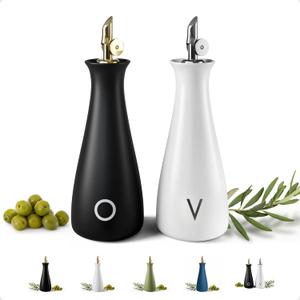 Oil and Vinegar Dispenser Set with Self-Closing Stainless Steel Spouts - 530 ML Capacity Matte Ceramic Leak Proof EVOO & Vinegar Dispensing Bottle Set of 2 - Olive Oil and Vinegar Dispenser Bottle Set
