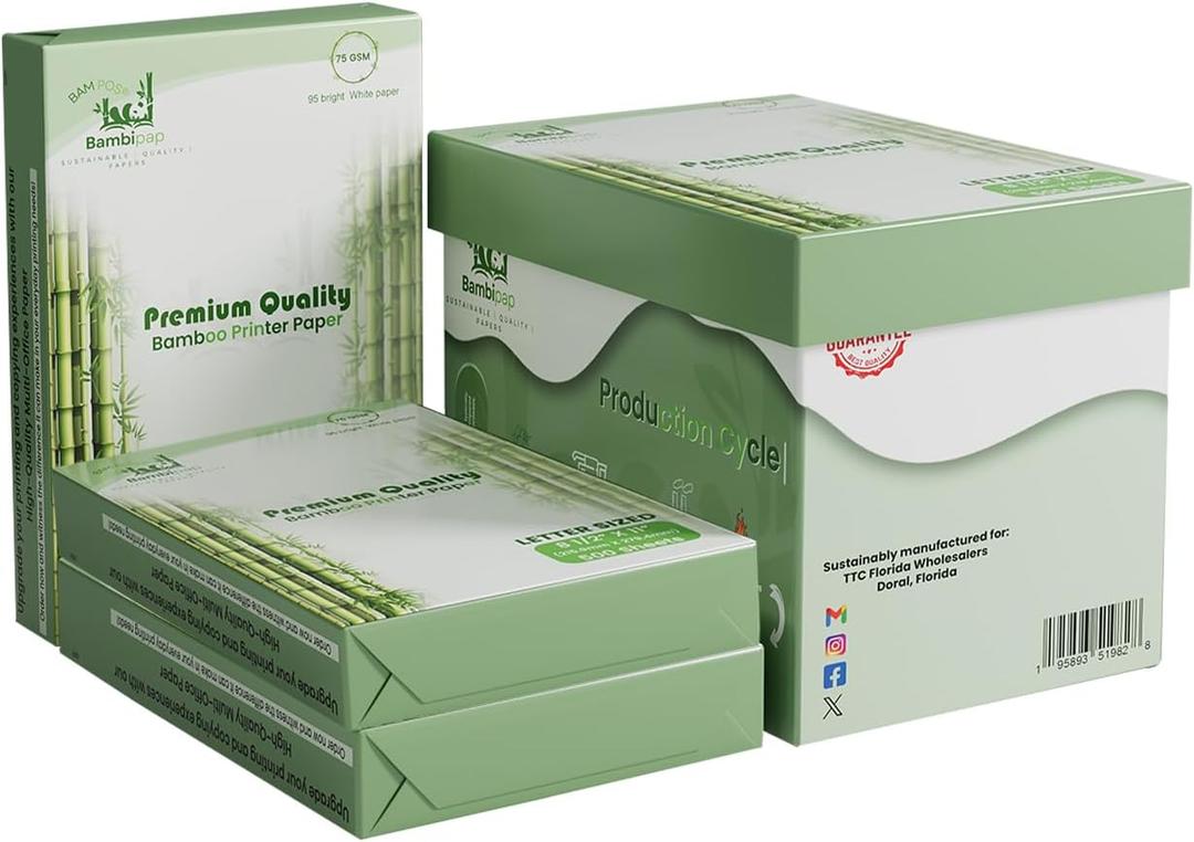 Bamboo Printer Paper - 8 1/2 x 11- 20LB Multipurpose White Paper - Made from Bamboo Fiber, Renewable Resources, Zero Trees Used - 3 reams (1500 Sheets)