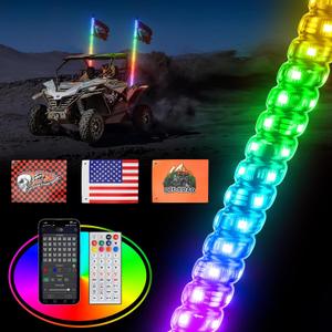 Ehaho 4FT Whip Lights for UTV ATV with Spring Base, Tripled Brighter Led Whip Light 3 Flags, Spiral Chasing Lighted Antenna Whip with APP & Remote Control for RZR SXS Can-Am