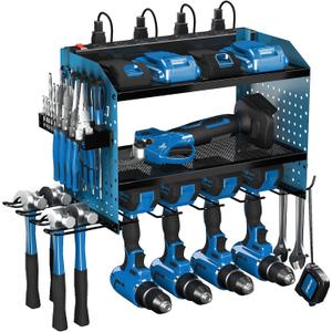 Veitorld Power Tool Organizer with Charging Station, Heavy Duty Modular Wall Mount Rack for Garage & Shed Organization, 4 Drill Holders, Fathers Day Birthday Gifts for Him Men Dad Him Husband(Blue)