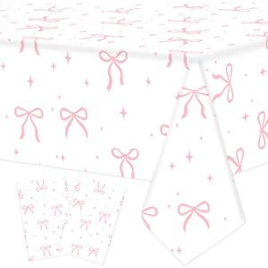 2 PCS Pink Bow Tablecloth Bow Theme Plastic Table Cover Rectangle Coquette Disposable Party Tablecloth for Women Girls Birthday Bridal Bachelorette Party Decor