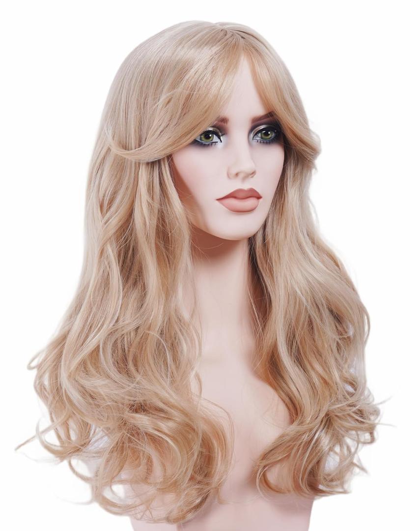 Blonde Wig for Women Long Strawberry Blonde Wavy Wigs with Bangs Mix Platinum blonde Layered Synthetic Fluffy Wig Halloween,Costume,Cosplay,Daily Use