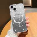 NITITOP Compatible with iPhone 14 Case Cute Clear Glitter [Compatible for MagSafe] Sparkle Bling Magnetic Plating Heart Girl Women Electroplated Frame Camera Protection Back Cover - Silver