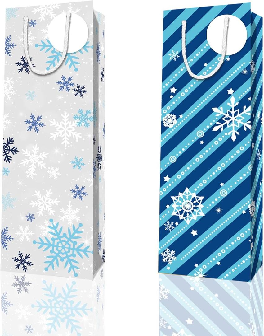L7HWDP 4 Pcs Christmas Gift Bags with Handles Snowflake Winter Stripes Bottle Bags for Holiday Bottle Wrapping Set
