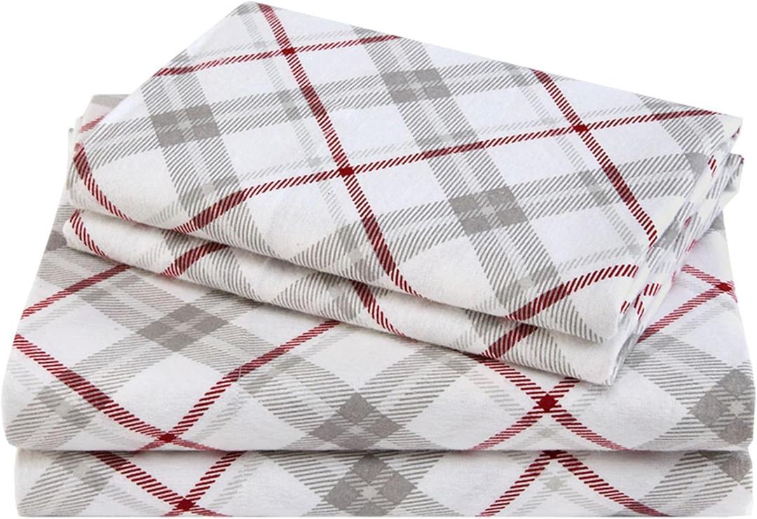 Comfort Spaces Cotton Flannel Sheets Full Size, Ultra Soft Flannel Sheet Set with 12" Elastic Pocket , Plaid Print Warm Flannel Bedding, Grey/Red Plaid 4 Piece