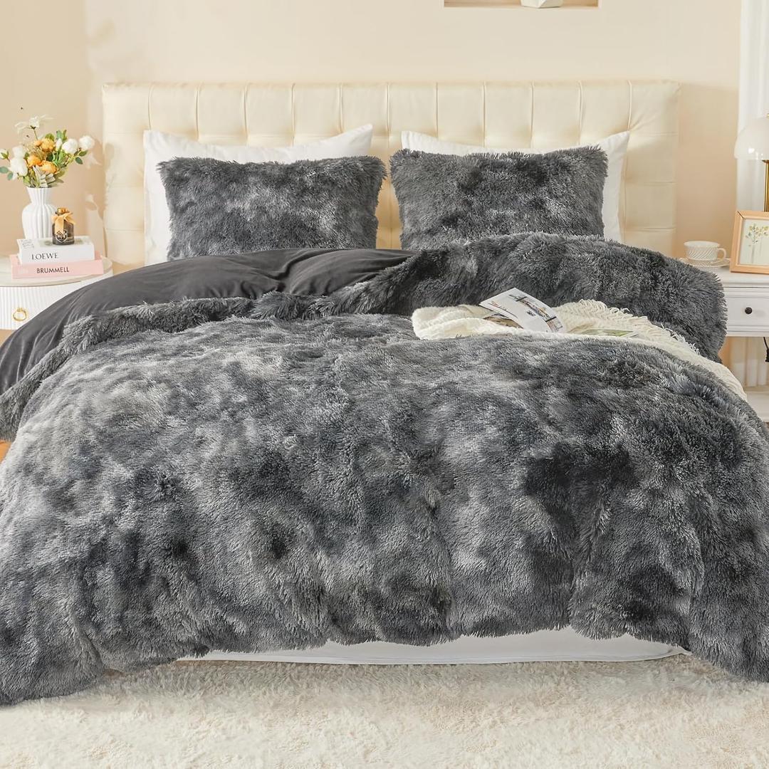 EMME Luxury Fuzzy Duvet Cover Set King Size 3 Pieces Fluffy Comforter Cover Set for King Bed Shaggy and Plush Soft Bedding Duvet Covers (Dark Grey, King) (10-furry-tie Dye Dark Grey)