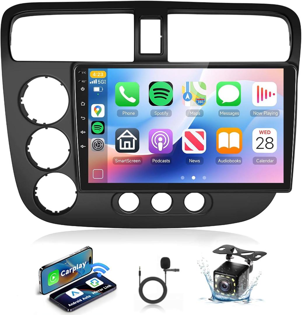 Build-in DSPAndroid Car Stereo for Honda Civic 2001 2002 2003 2004 2005 Radio Wireless Carplay Android Auto GPS Chip,Podofo 9 Inch Touch Screen 26UIs Mirror Link Bluetooth WiFi FM/RDS Backup Camera