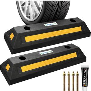 Car Parking Stopper  2PCs Heavy Duty Rubber Curb Car Stop for Garage and Driveway, Parking Aid, 18 Tire Wheel Stop for Cars, Vans, Trucks  Prevents Hitting Wall or Barrier  Easy Installation
