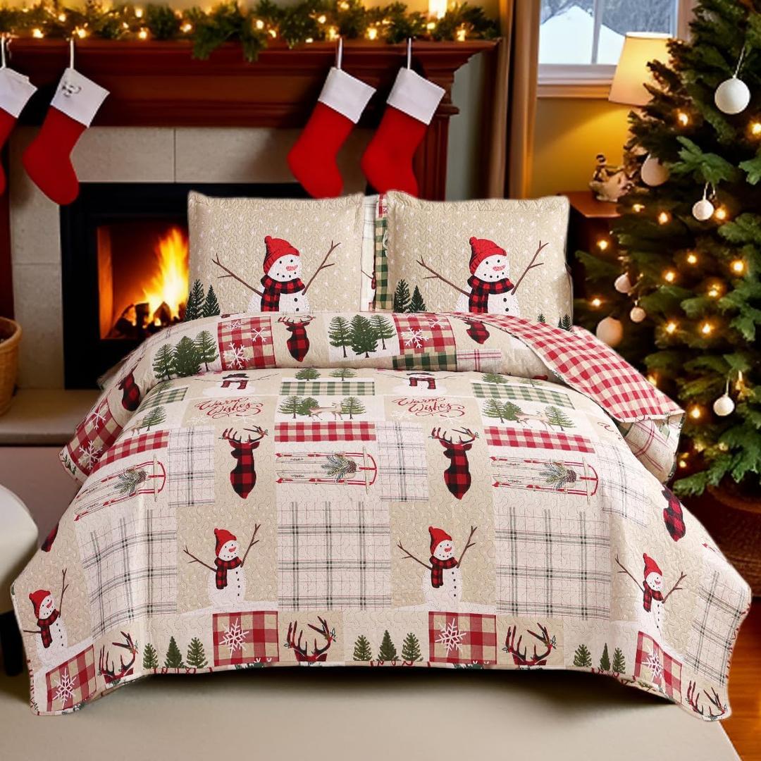 Oliven Reversible Xmas Quilts King Size Christmas Reindeer Snowmen Bedspread Lightweight Plaid Bedding Coverlet Soft Breathable Patchwork Quilt Set Holiday Bedroom Decor (King(108"x96"), Beige White Green)