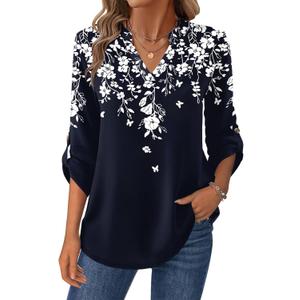 Zeagoo Womens Roll Up Long Sleeve Tops V Neck Shirts Dressy Casual Work Blouses S-2XL (Large)