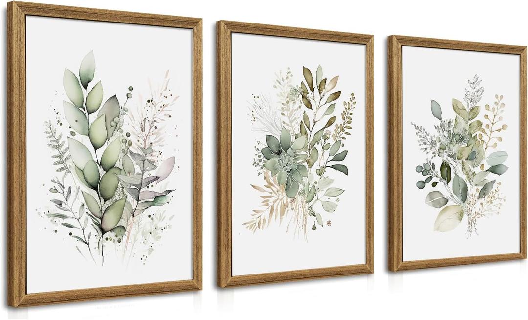 WRFON Framed Sage Green Botanical Wall Art Set of 3, Watercolor Eucalyptus & Wild Plant Canvas Prints, Minimalist Green Wall Decor for Living Room Bedroom Bathroom, 12x16 Inches