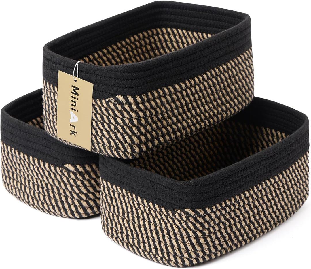 MiniArk Small Storage Baskets for Organizing | Closet Organizer Bins | Shelf Toy Basket | Woven Rope Baskets | Cube Decorative Box | Shallow Basket | 11.5x7.5x4.7” | 3 Packs Black Brown