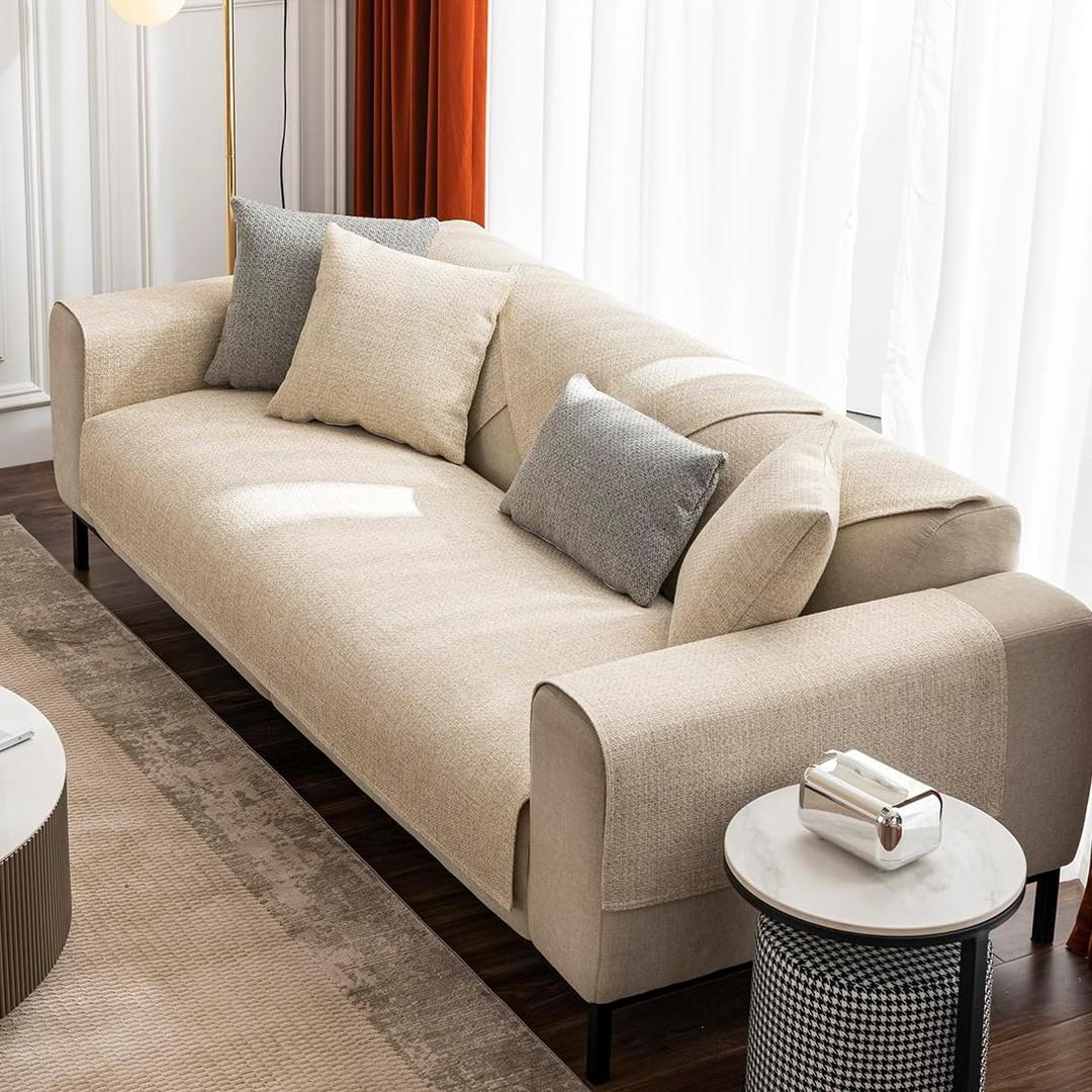 vctops Rustic Linen Textured Couch Sofa Cover Solid Color Non Slip Sectional Couch Covers Soft Sofa Slipcover for Dogs, Children, Pets Furniture Protector (Beige,28"x82")