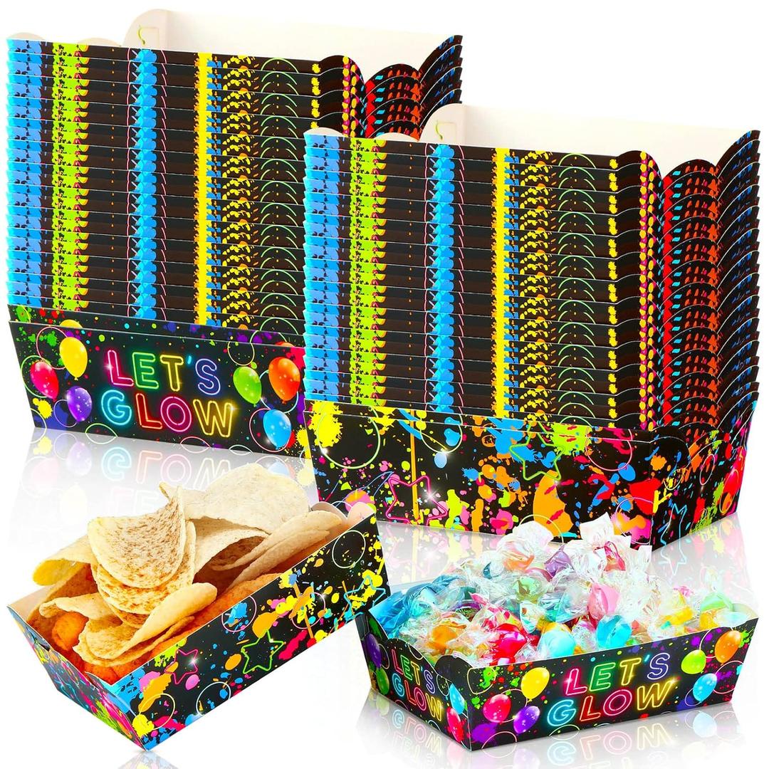Cunhill 60 Pack Neon Party Supplies Set Birthday Decorations Disposable Paper Food Serving Trays Paper Boats Food Tray for Carnivals, Fairs, Festivals (Neon)