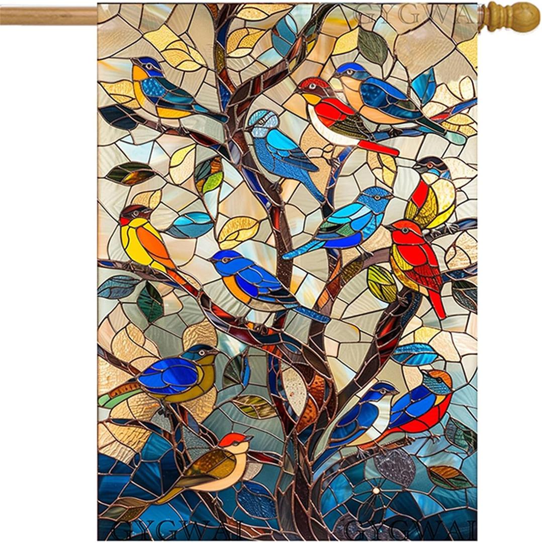 Spring Hummingbird Garden Flag for Outside 28x40 Stained Glass Colorful Birds on Tree Flag Burlap House Flags Large Outdoor Yard Flag Double Sided