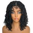 SOKU Short Curly Faux Locs Lace Frontal Wig 12 Inch Natural Black 4x4 Large Parting Space Twist Dreadlock Wigs for Black Women Afro Curly Braided Synthetic Wig