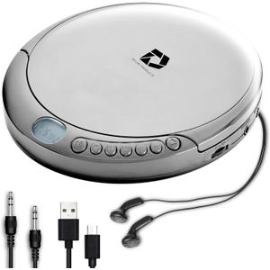 Deluxe Products CD Player Portable with 60 Second Anti Skip, Stereo Earbuds, Includes Aux in Cable and AC USB Power Cable for use at Home or in Car. Silver