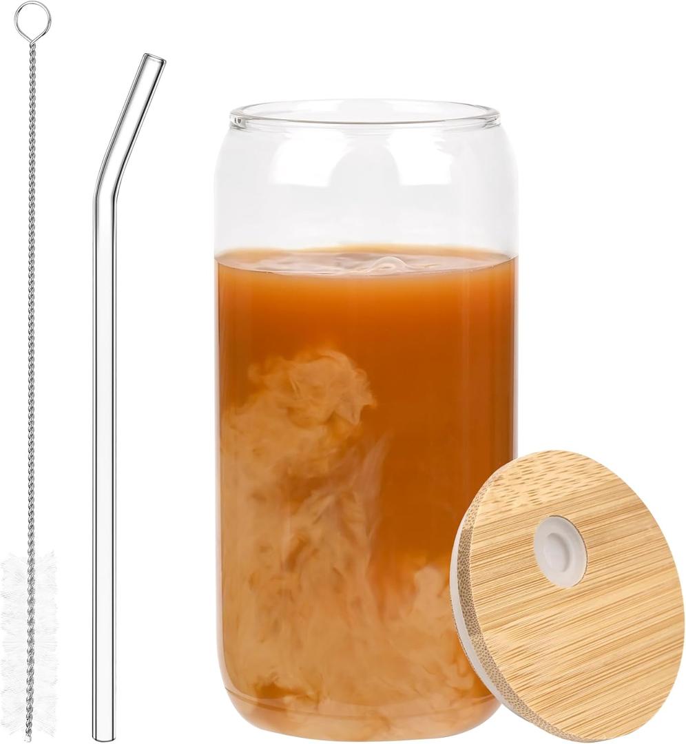 1 PCS iced Coffee Glasses Drinking Glasses cup,Beer Glass Cup,CLear Old Fashioned Whiskey Cup with bamboo lid and glass straw for Cocktail, Whiskey,Mojito,Smoothie,Iced Coffee
