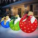 Christmas Outdoor Decoration 3-Pack Lighted Ornament Balls, LED Holiday Dcor with Snowcap & Bow, Pop-Up Christmas Balls with Top Hanger Ring & Metal Bases for Indoor/Outdoor Lawn & Porch