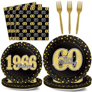 96PCS 60th Theme Birthday Party Tableware Vintage 1966 Party Supplies 60 Year Old Birthday Party Decorations Plates Napkins Forks Black and Gold Dinnerware Favors for Men or Women
