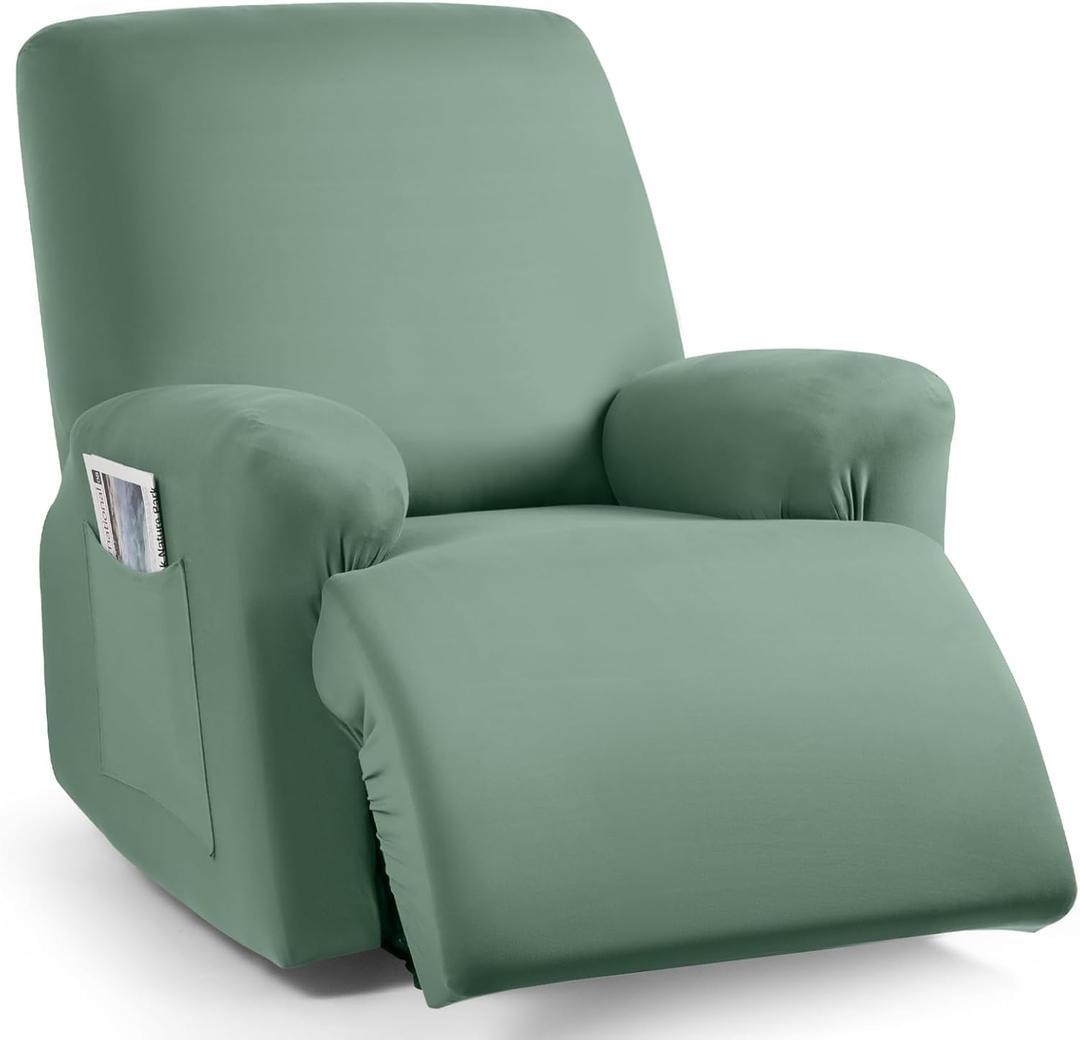 TAOCOCO Stretch Recliner Chair Covers 3-Pieces Solid Furniture Covers Recliner Cover for Reclining Chair Slipcovers Feature Fitted Soft Washable Recliner Sofa Covers (1 Seat, Bean Green)